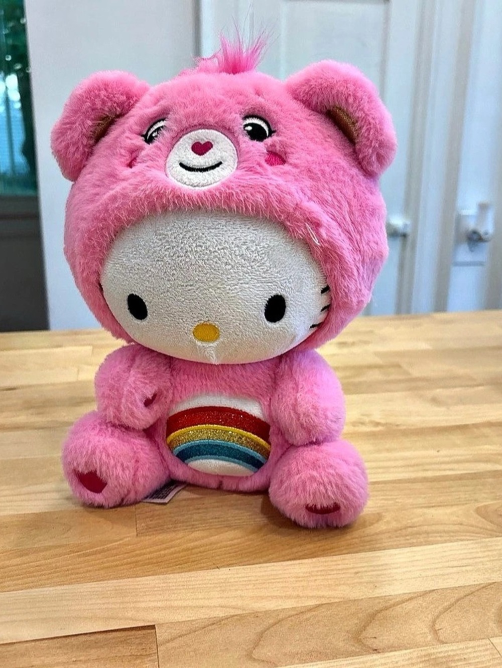 Sanrio Hello Kitty x Care Bears Rainbow Belly Pink Plush Bear 10" Missing Bow